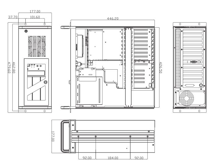 Dimensional diagram of 4U industrial rackmount chassis with dimensions 19